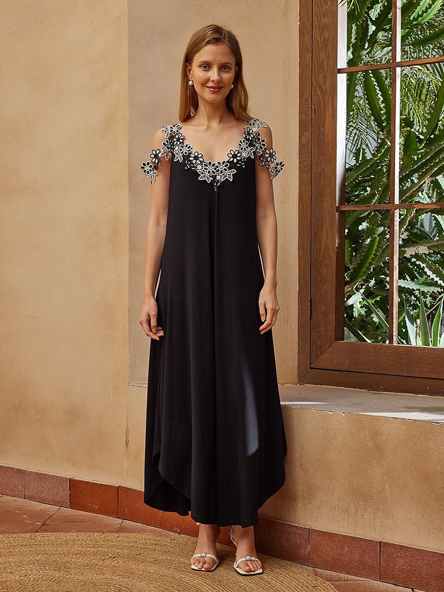 Women's Black Dress Lace Dress Casual Dress Long Dress Maxi Dress Modal Lace Patchwork Daily Vacation Strap Short Sleeve Summer Spring Black Plain 2024 - $44.99 –P3