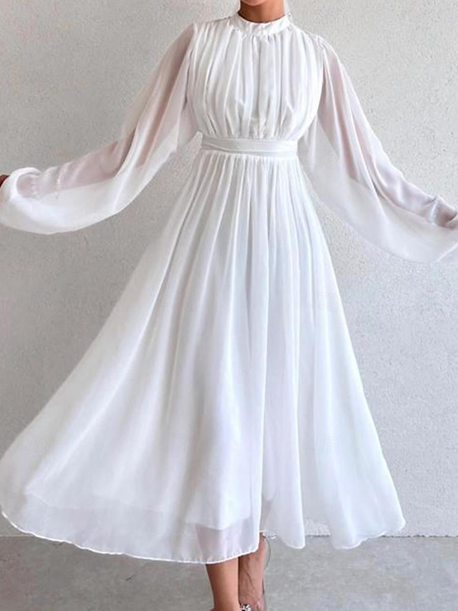 Női Fehér ruha Hosszú ruha Maxi ruha Sifon Fodrozott Randi Elegáns Utcai sikk Állógallér Hosszú ujj Fekete Fehér Arcpír rózsaszín Szín 2025 - $34.99 –P2