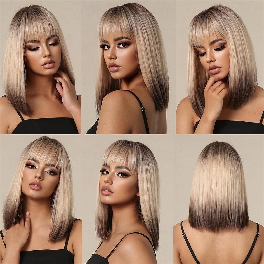 parrucca bionda castano bob ombre con frangia parrucche corte diritte naturali per donne parrucche sintetiche lunghe fino alle spalle per cosplay quotidiano del 2025 a $18.99 –P2
