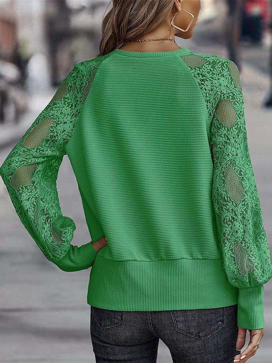 Top in pizzo elegante da donna con occhiello blusa alla moda moderna patchwork in pizzo maniche lunghe regolare scollatura a V casual romantico top petite estivi per le vacanze nere marroni verdi del 2025 a $29.99 –P12