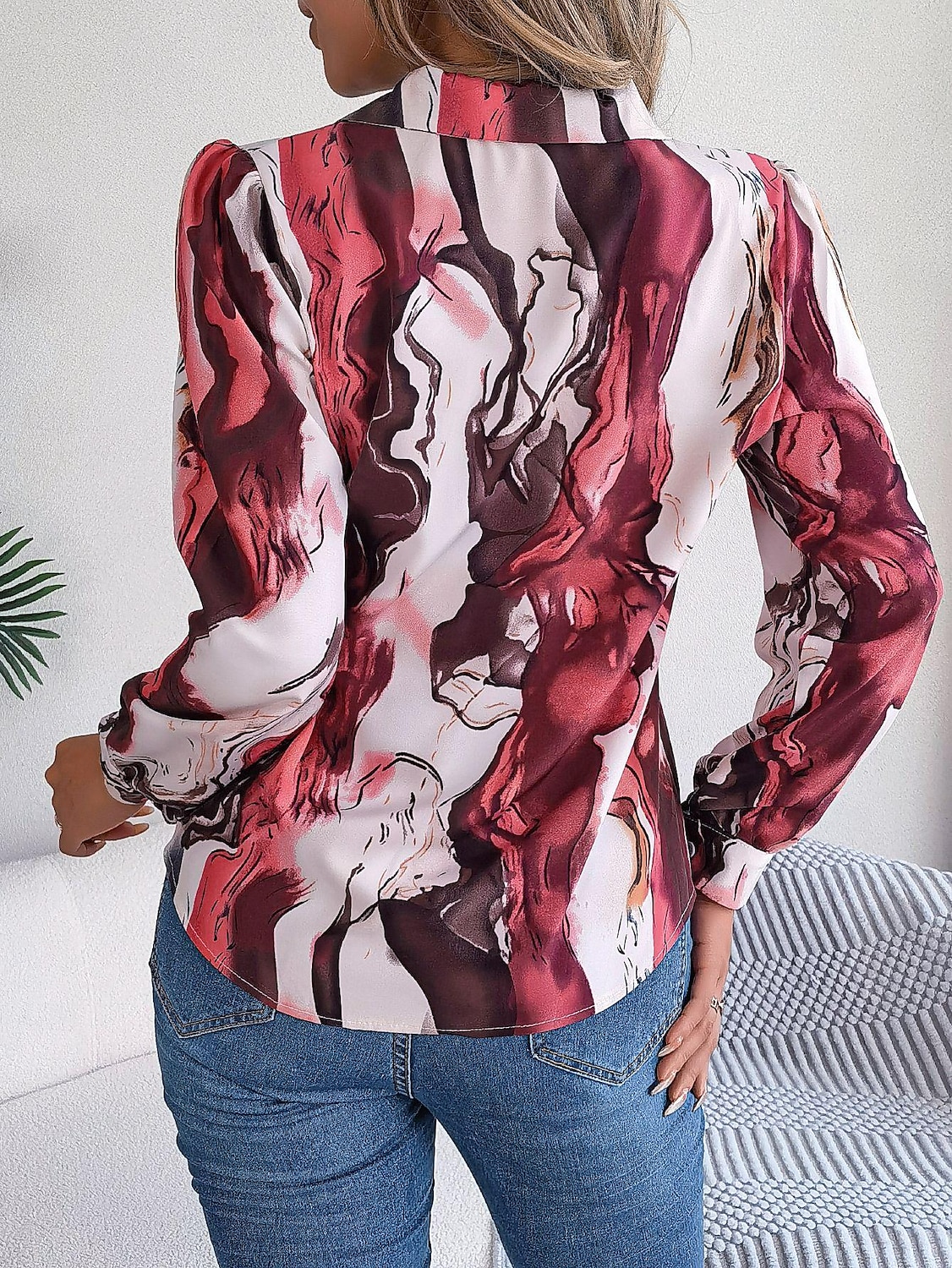 dames overhemd blouse mode abstract knopen print lange mouw normale tops overhemd kraag casual geel rood blauw paars groen lente& val 2025 - $29.99 –P2
