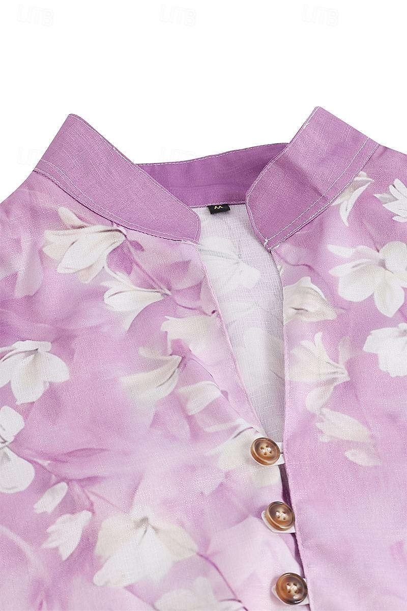 Herren Blumen Hemd leinenhemd Aloha-Shirt Langarm Brautkleider schlicht Freizeitskleidung Ausgehen Wochenende Frühling Stehkragen Bedruckt Button-Down Blau Purpur Grün 2025 - $25.99 –P9