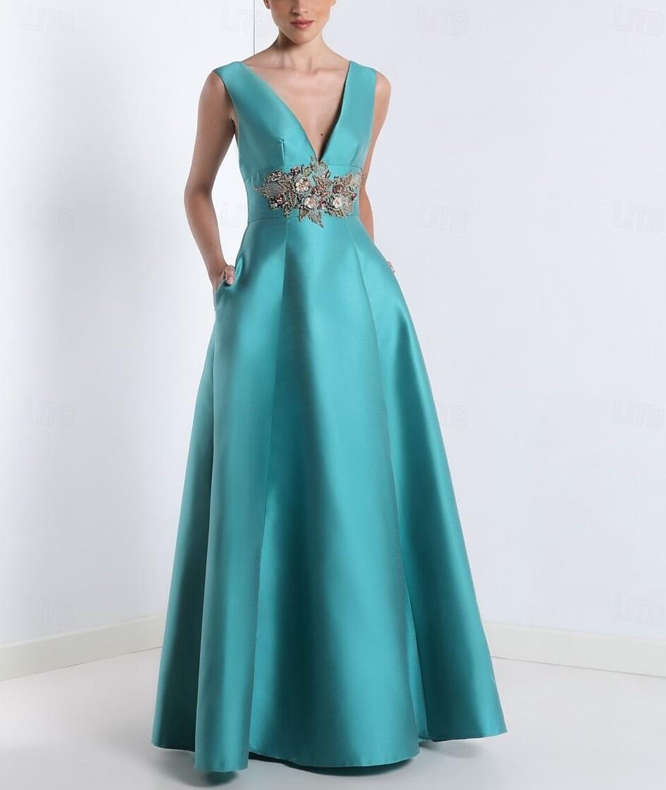Robes de Prom A-Line Robe Élégante Formelle Prom Longueur de Sol Sans Manches V Col Poche Satin avec Appliqués de 2025 ? $185.99 –P1