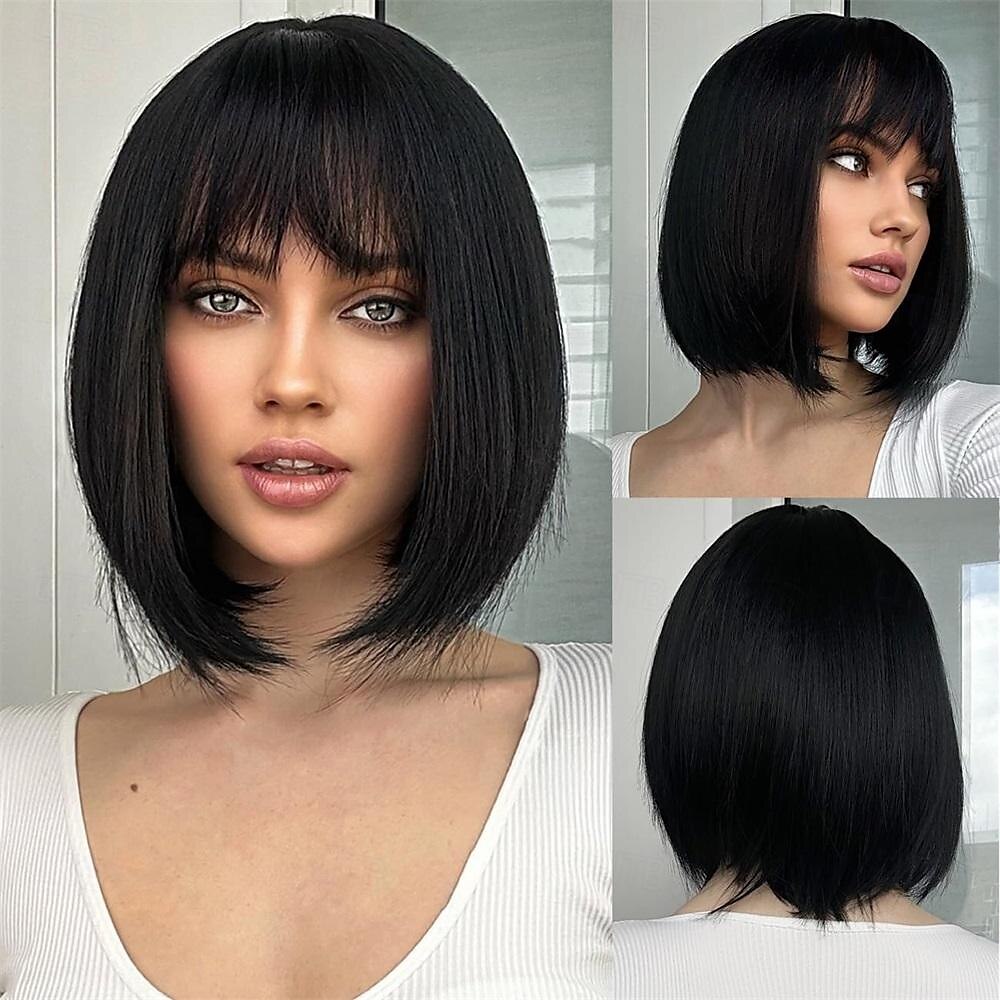 parrucca bionda castano bob ombre con frangia parrucche corte diritte naturali per donne parrucche sintetiche lunghe fino alle spalle per cosplay quotidiano del 2025 a $18.99 –P7