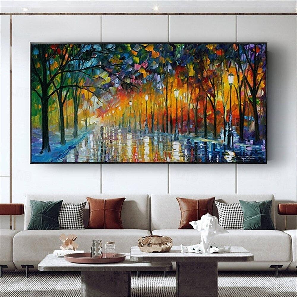 Streichmessergemälde, handgemaltes Paar mit Regenschirm, das unter den Lichtern der Bäume läuft, Ölgemäldeeffekt, aufrollbare Leinwandkunst, Wandkunst, Gemälde, Straße, Spaziermesser, 2025 - $66.99 –P1