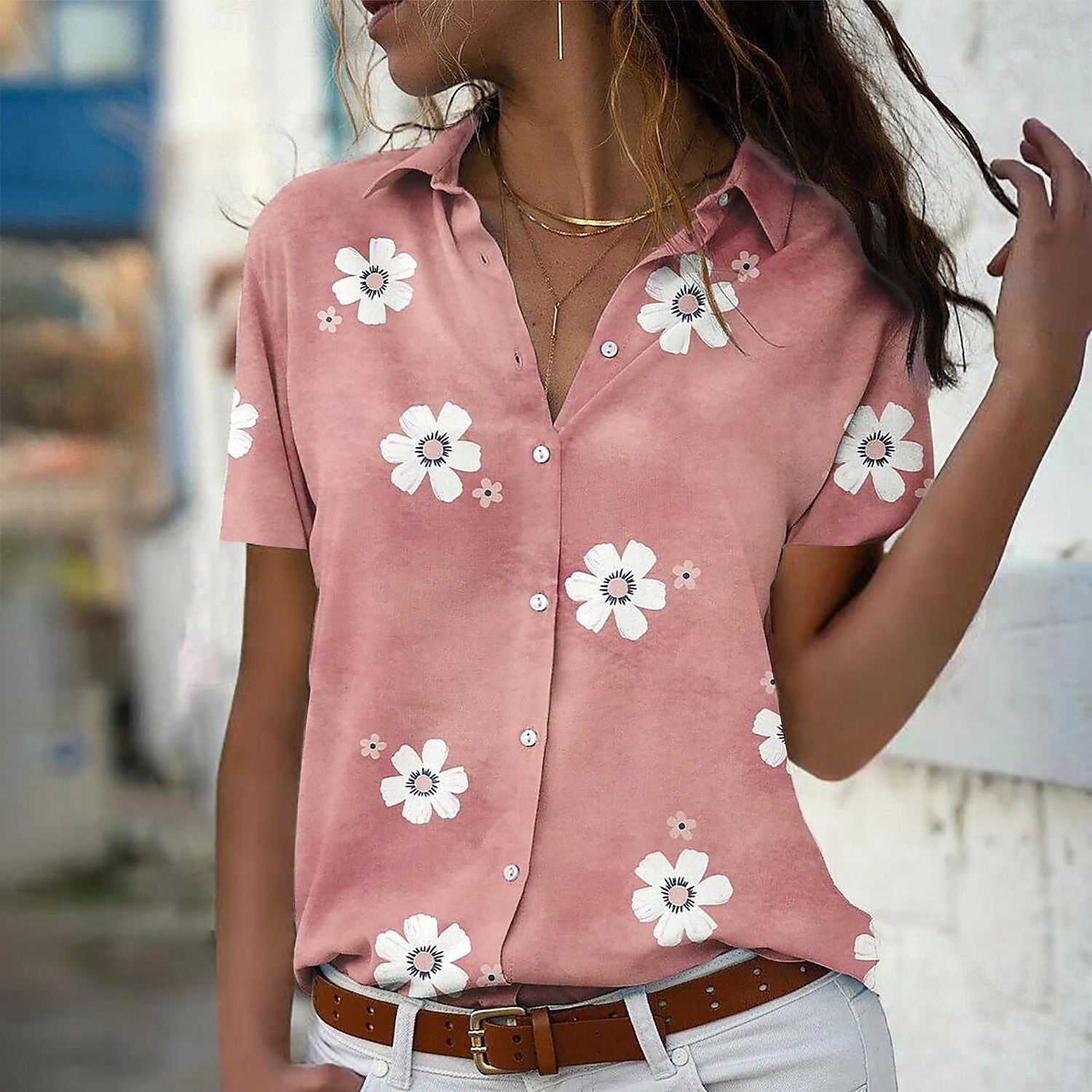 dames casual bloemenprint overhemd korte mouw reverskraag blauwe regular fit mode blouse voor lente zomer dagelijks gebruik 2025 - $21.99 –P4
