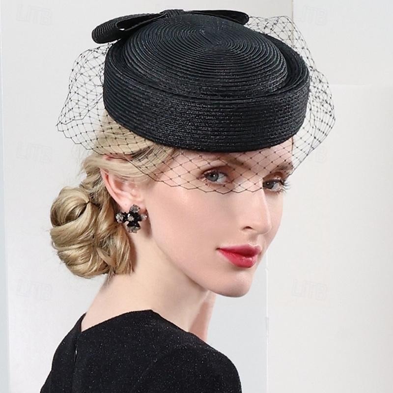 Cappelli Tulle Fibra Bombetta / Cappello a cloche Cappello di paglia Matrimonio Tè Elegante Matrimonio Con Fiocco Tulle Copricapo Copricapo del 2025 a $60.99 –P9