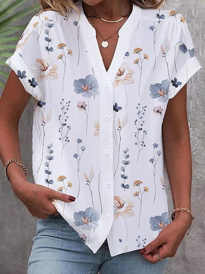 Dames Blouse V-Hals Knopen Mode Streetwear Bloem Knopen Print Korte Mouw Regular Tops Split Hals Casual Wit Roze Luchtblauw Zomer 2025 - $29.99 –P4