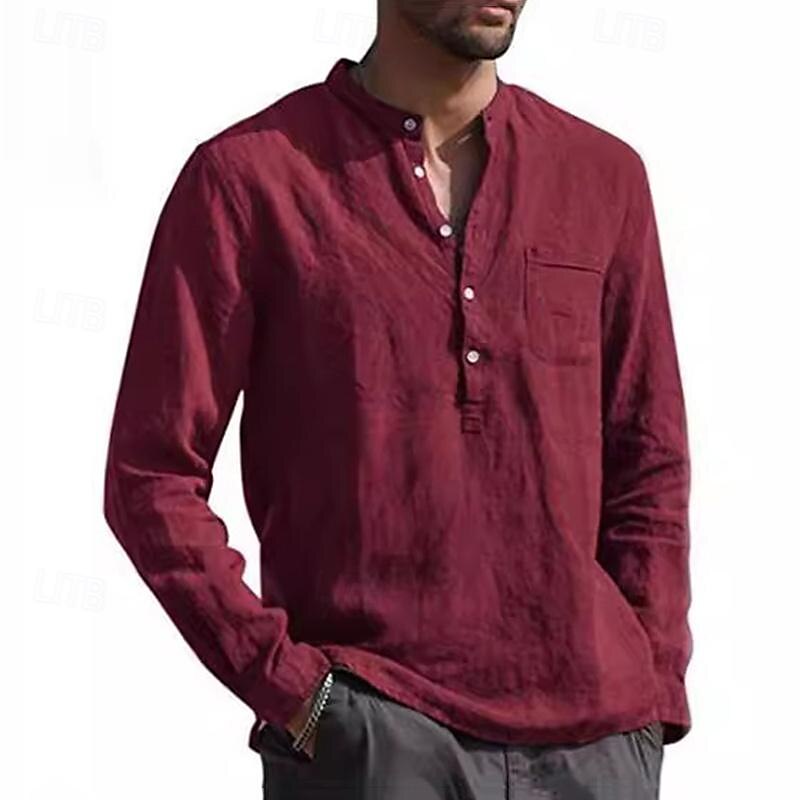 Camisas popover para hombre, color negro, azul marino, manga larga, lisas, estilo Henley, para vacaciones, estilo hawaiano, moda, informal, transpirable. 2025 - $19.49 –P5