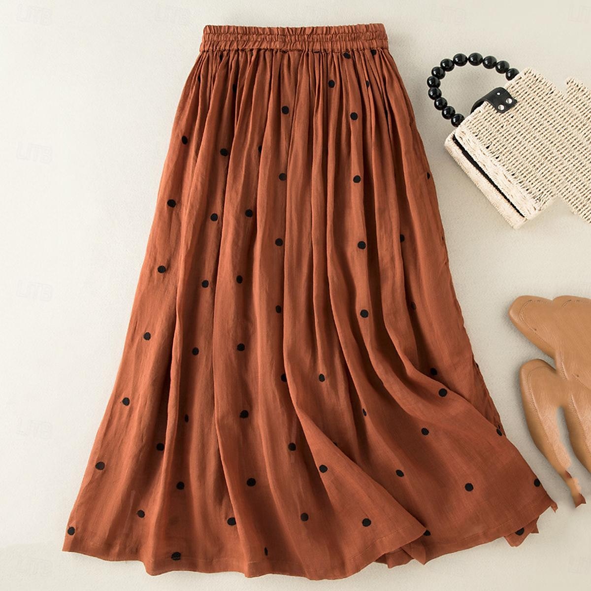 Femme Jupe Trapèze Mode Décontractées Maxi Taille haute Jupes Pois Imprimer Casual Quotidien Fin de semaine Jaune bleu marine Marron Vert Eté Coton et lin de 2025 ? $46.99 –P6