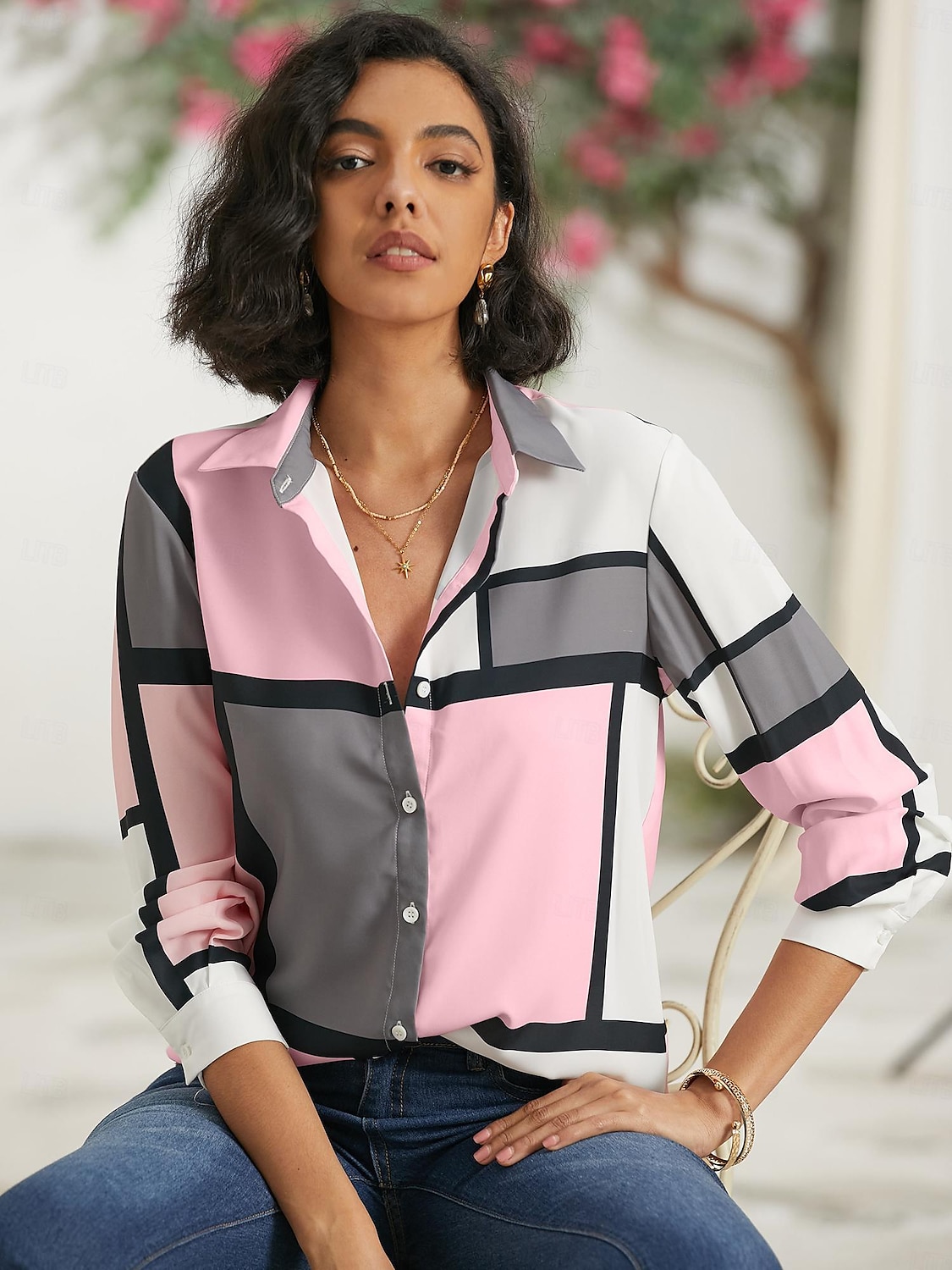 Camicia Donna Moda Flanella Stampa Bottoni Maniche Lunghe Top Regolari Collo Camicia Casual Rosa Viola Primavera Autunno del 2025 a $32.99 –P13
