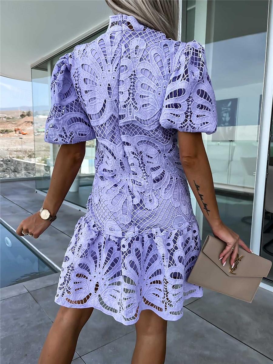 Damen Minikleid Spitzenkleid Weißes Kleid Weißes Spitzenhochzeitskleid Elegant Urlaub Ferien Normale Passform Kurzarm Stehkragen Weiß Purpur Fuchsie Orange Sommer 2026 - $38.99 –P13