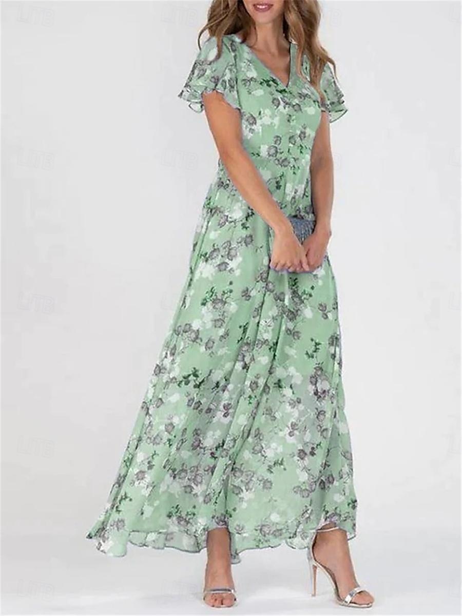 abito lungo da donna stampa floreale scollo a V maniche a palloncino fluido blu bianco elegante da sposa per festa in giardino estate primavera silhouette femminile leggero comodo varie taglie del 2025 a $41.99 –P3