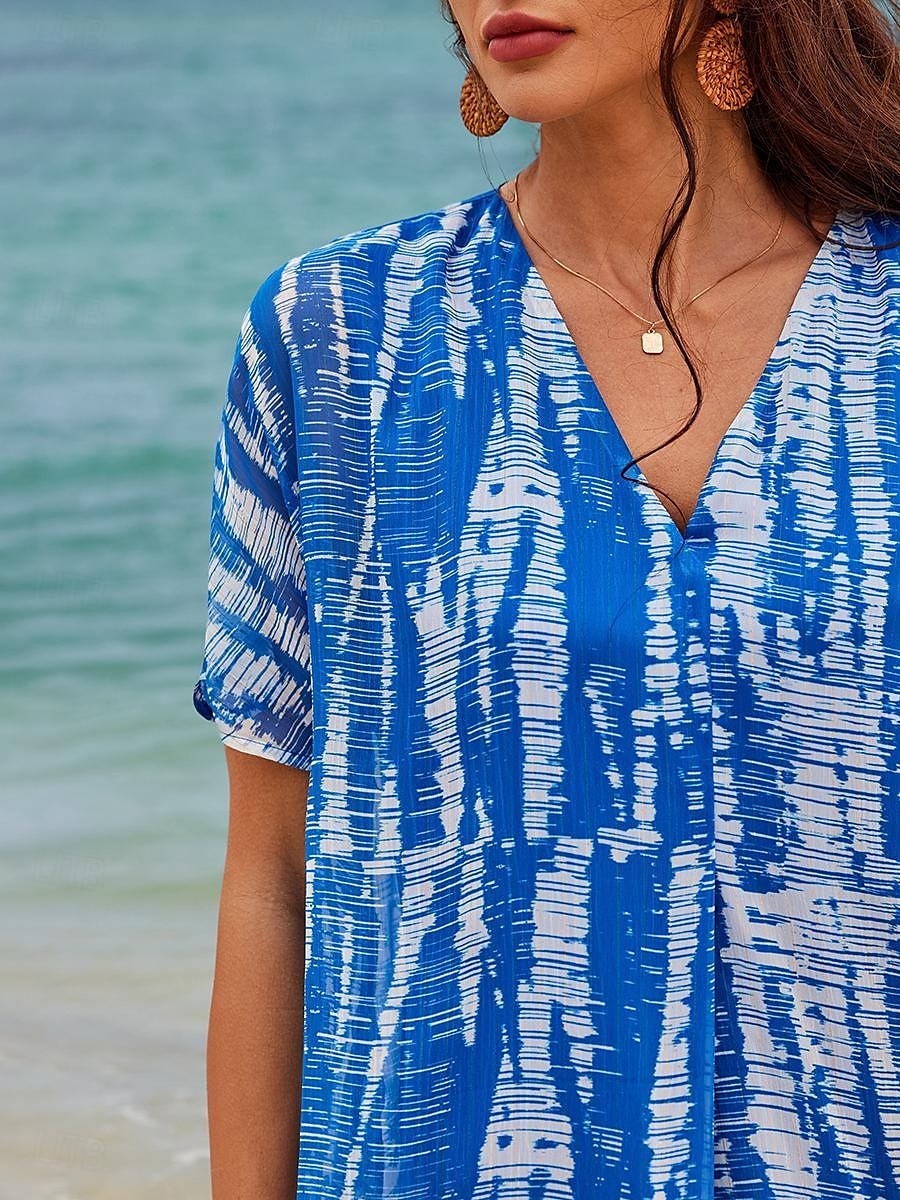 Damskie Sukienka midi Sukienka tunika Moda miejska Elegancki Maxi Urlop Ulica Święto Luźna Wzór tie-dye Krótki rękaw W serek Niebieski Lato 2025 - $51.99 –P6