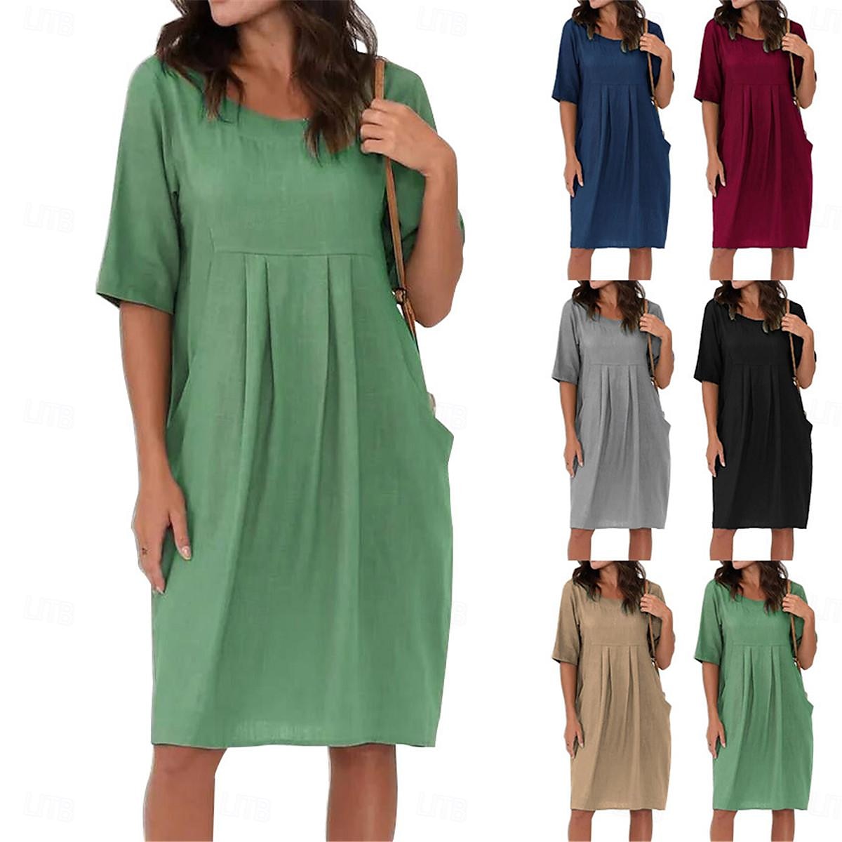 Damen Schwarz Wein Blau Sommer Frühling Minikleid Baumwoll-Leinen-Kleider Freizeitkleid Basic Modern Täglich Wochenende Lässiger Schnitt Einfach Rundhalsausschnitt 2025 - $26.99 –P1