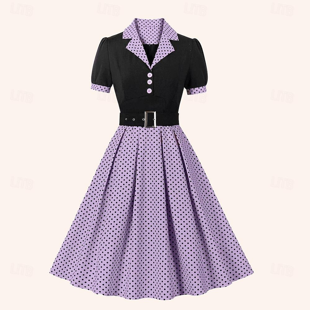 Retro 50. léta Polední A-Line šaty Houpací šaty Košilové šaty S páskem Puntíky Přehnutý Dámské Karneval Ležérní Denní nošení Retro tematická párty Dospělé Šaty Jaro léto 2025 - $32.99 –P20
