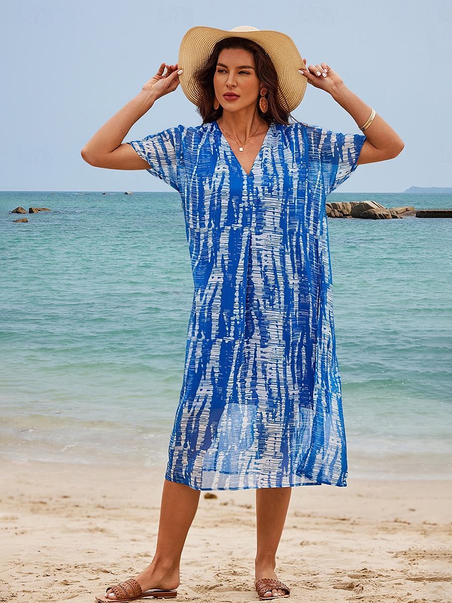 Damskie Sukienka midi Sukienka tunika Moda miejska Elegancki Maxi Urlop Ulica Święto Luźna Wzór tie-dye Krótki rękaw W serek Niebieski Lato 2025 - $51.99 –P3