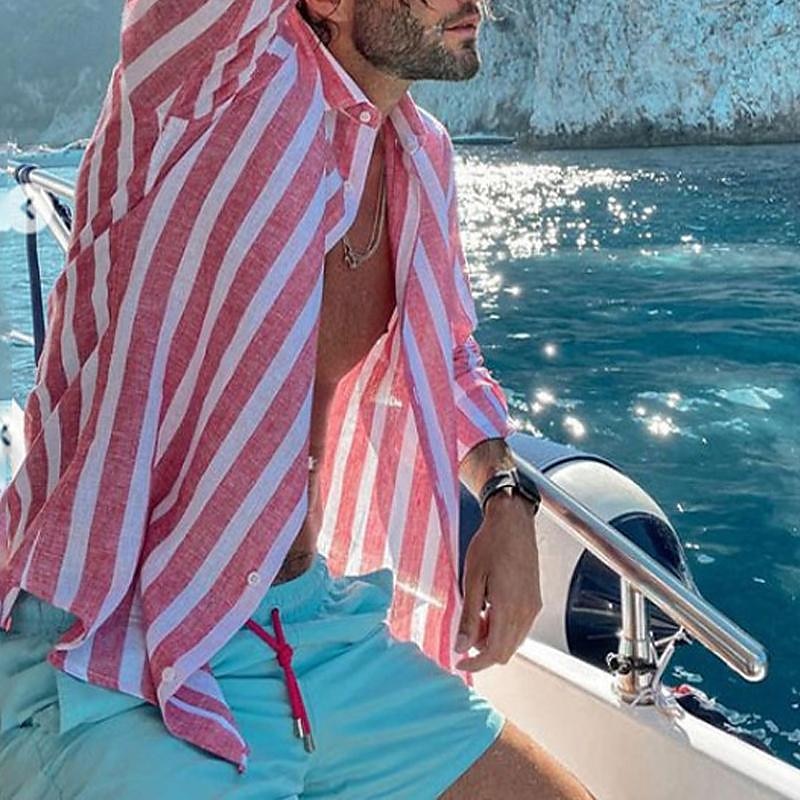 Men's Shirt Linen Shirt Summer Shirt Beach Shirt Cotton Linen Shirt Striped Shirts Striped Vacation Hawaiian Yellow Red Blue Green Long Sleeve Turndown Spring &  Fall Clothing Apparel Button-Down 2025 - $28.99 –P9