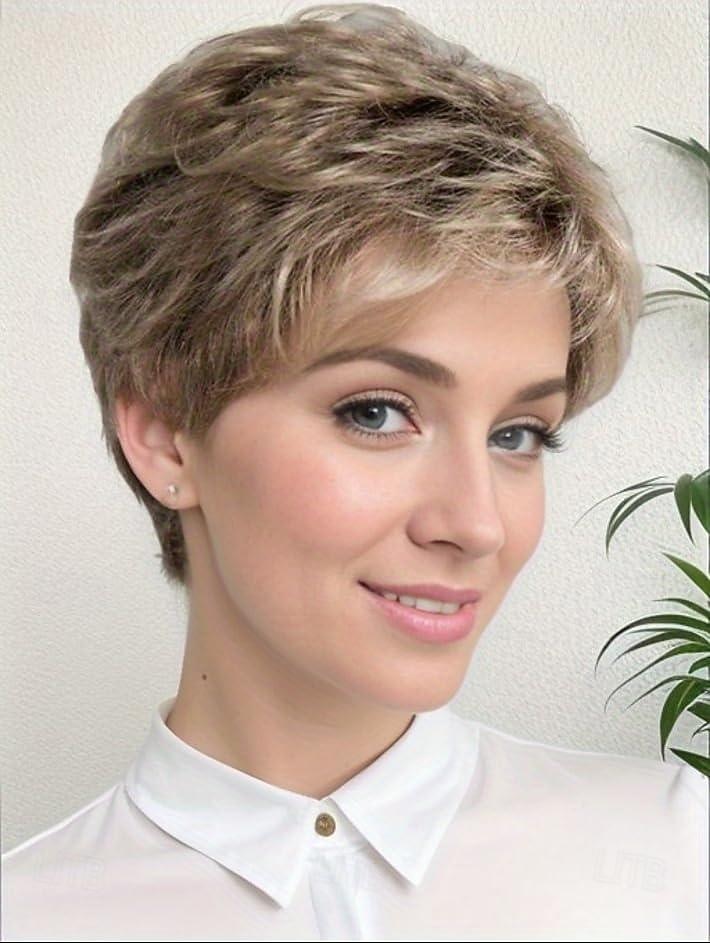 Blonde Short Wig with Bangs Layered Blonde Mix Brown Wigs for White Women Ash Blonde Wig with Dark Roots Short Hair Wigs for Women Synthetic Natural Looking Wig for Daily 2026 - $24.99 –P2