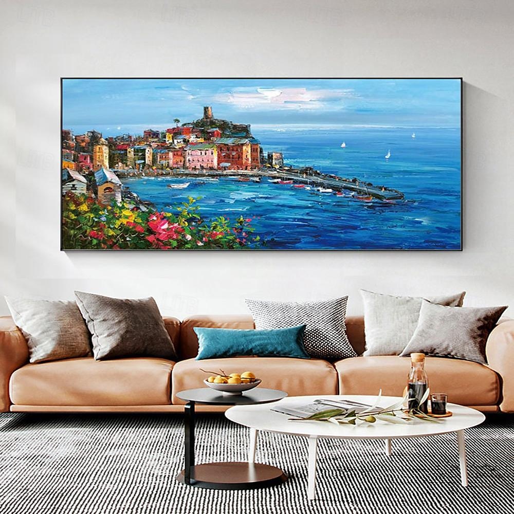 met de hand geschilderd mediterraan landschap olieverfschilderij op canvas impressionistisch schilderij van de middellandse zee canvas kunst getextureerde kustschildering muurkunst schilderij voor 2025 - $66.99 –P4