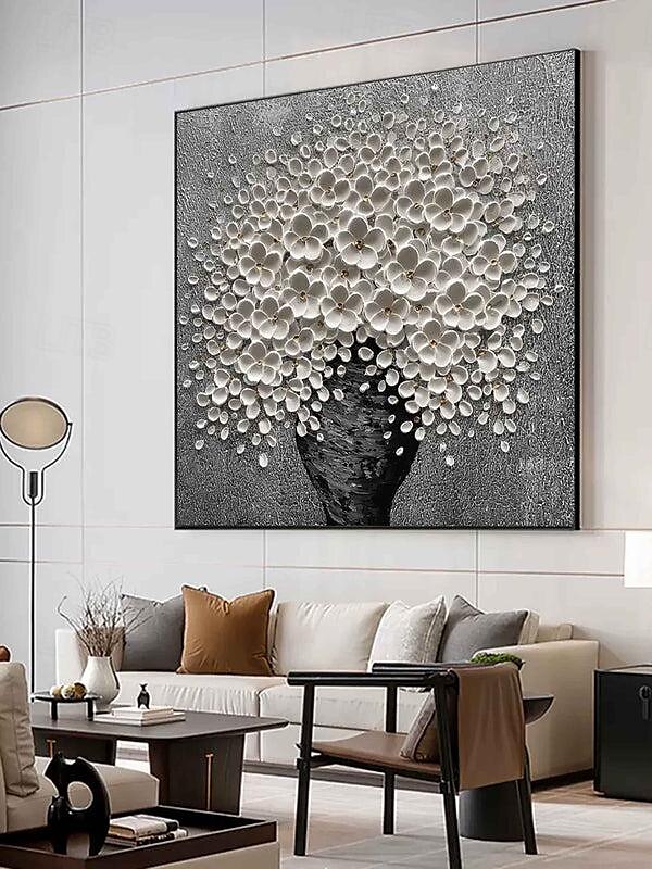 Handgemaltes 3D-modernes Leinwand-Blumengemälde, Vase, schwarze weiße Blume, blühendes Blumen-Ölgemälde für Heimdekoration 2025 - $116.99 –P4