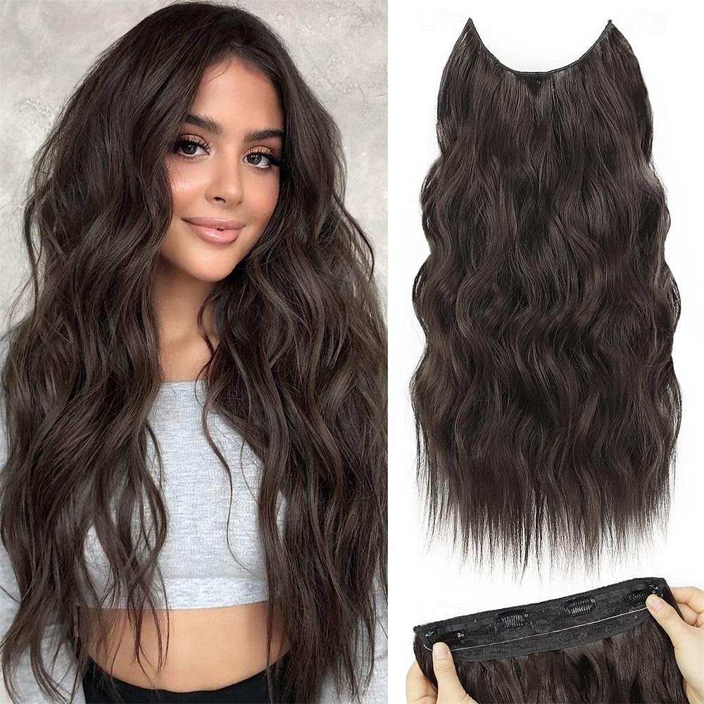 Extensiones de cabello de alambre invisible con 4 clips seguros, diadema transparente, postizos sintéticos ondulados largos de tamaño ajustable para mujeres 2025 - $11.99 –P3
