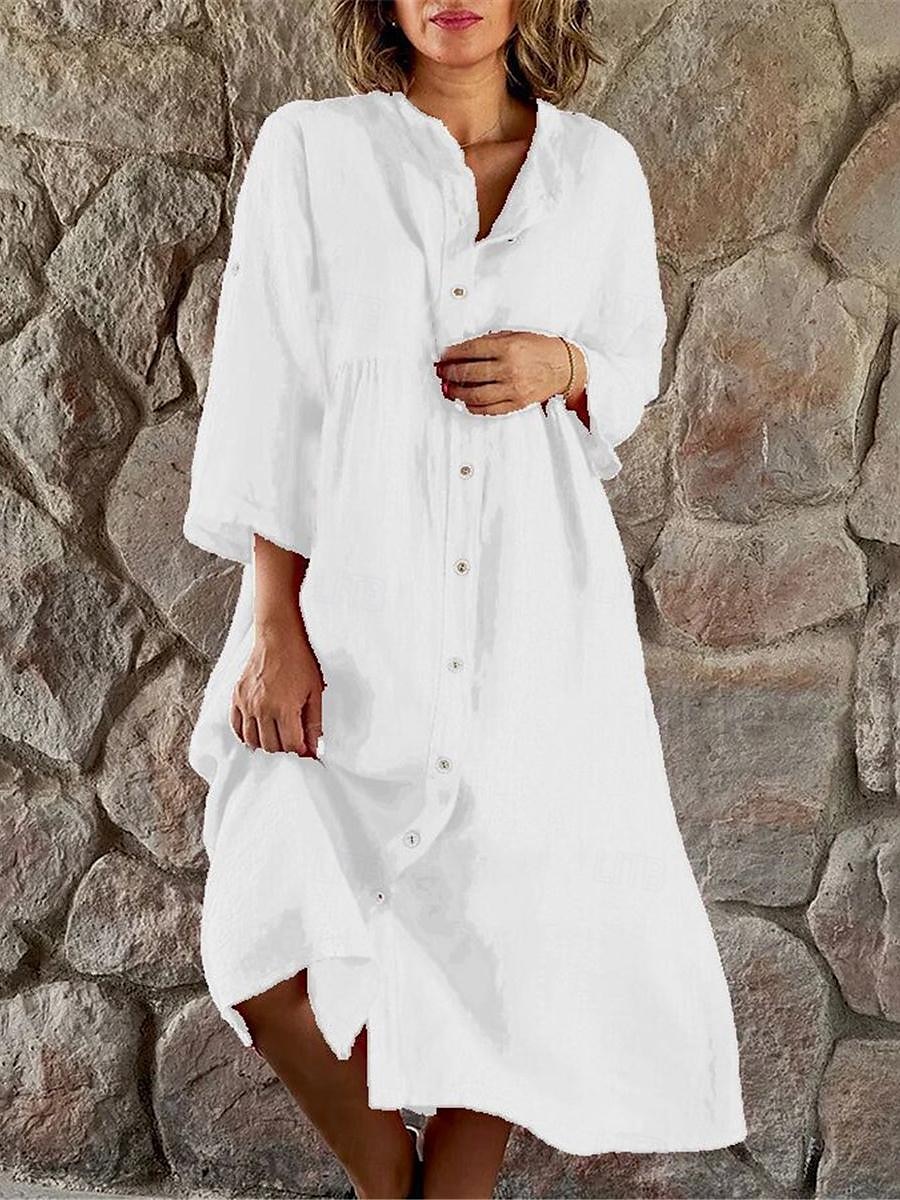 Women's Black White Yellow Summer Spring Midi Dress Linen-Inspired Dresses Shirt Dress Casual Dress Basic Modern Daily Weekend Loose Fit Plain Shirt Collar 2025 - $38.99 –P6