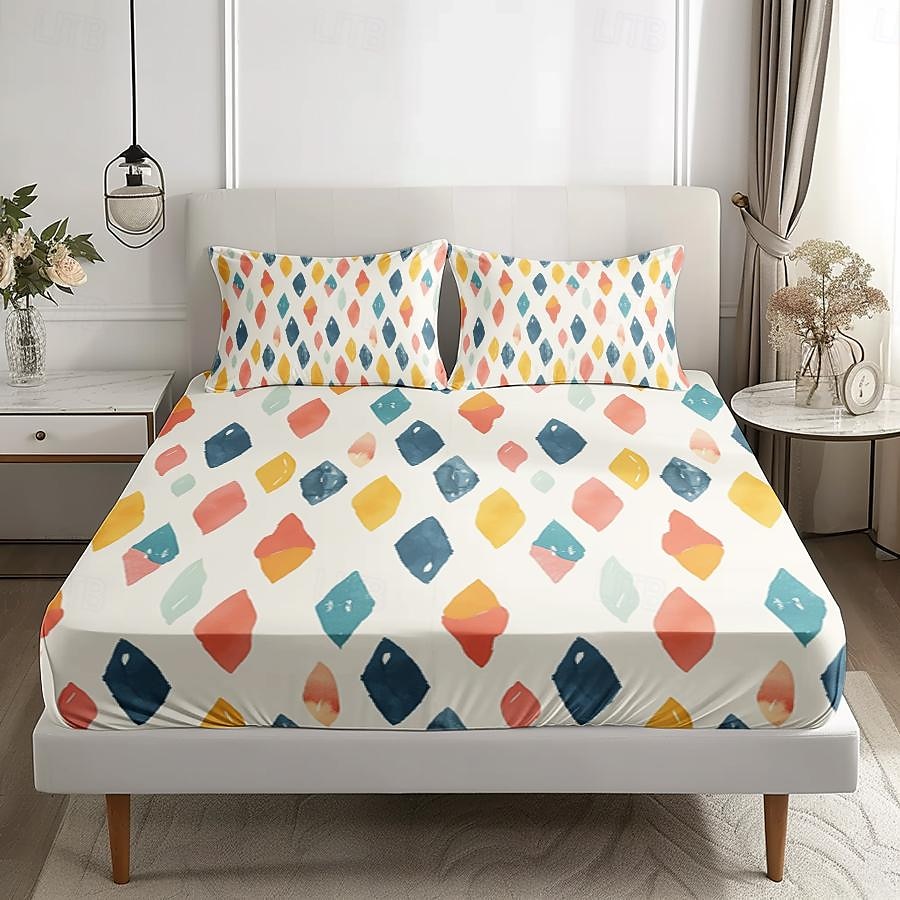 geometriskt lakan set ultramjuka silkeslena lakan som andas djup ficka 100 % mikrofiber lakan 3 delar queen king size 2025 - $45.99 –P7