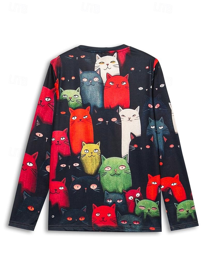 Damen T-Shirt Langarm Rundhals Langarm Tunika Katzenprint Reguläre Tops Rundhals Alltag Wochenende Schwarz Gelb Orange Frühling  Herbst Pre-Fall 2026 - $24.99 –P5