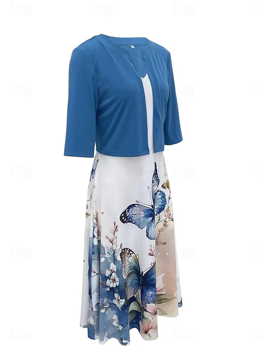 Pentru femei Set de rochii Rochie casual Rochie leagăn Rochie imprimata Modă Modern Floral Imprimeu Rochii Midi Manșon Jumate În V În aer liber Dată Alb Albastru regal Albastru piscină Vară Fit 2025 - $38.99 –P16