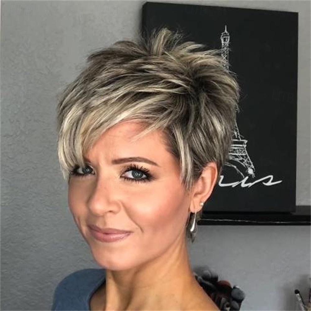 Peluca corta dorada de lino degradado informal, pelucas sintéticas de aspecto natural para damas, peluca de pelo cosplay diaria 2025 - $18.99 –P5