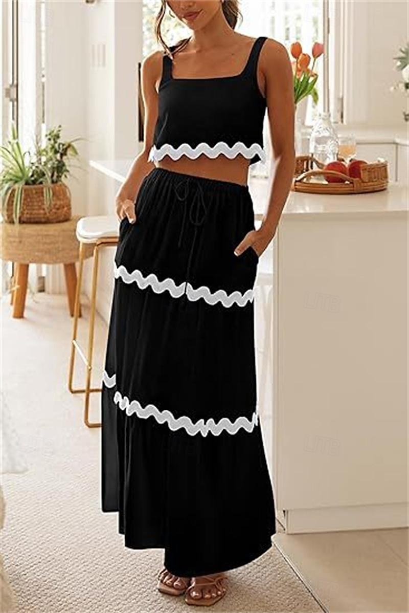 Women's Dress Set Casual Dress Skirt Set Print Dress Fashion Modern Stripe Print Long Dress Maxi Dress Sleeveless Strap Outdoor Date Black White Red Summer Regular Fit 2025 - $44.99 –P1