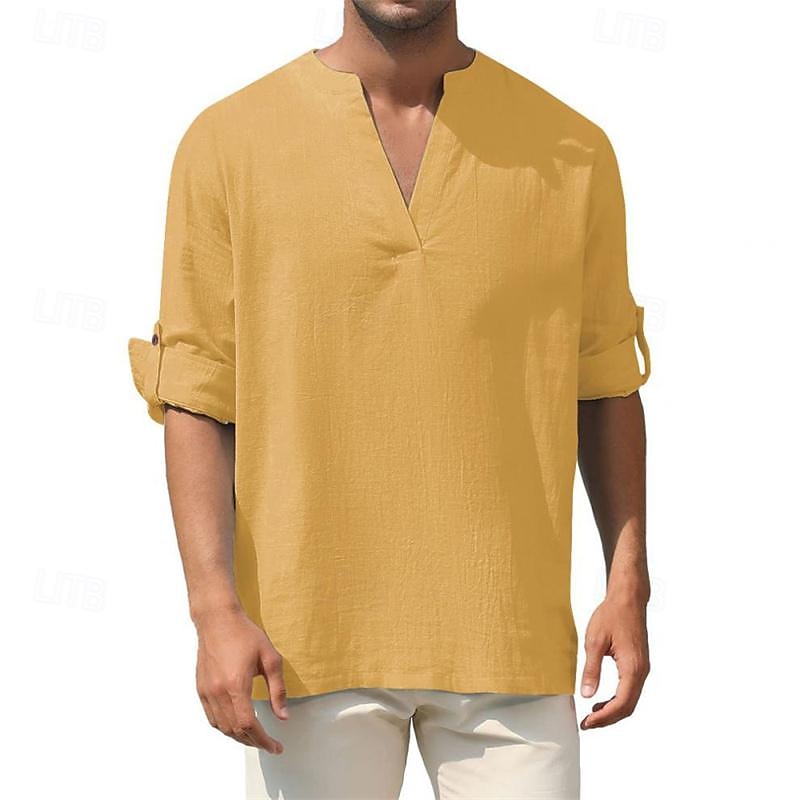 Herren Hemd Leinenhemd Weißes Baumwollhemd Sommerhemd Strandhemd Baumwoll-Leinen-Hemd Einfach Urlaub Hawaiianisch Weiß Gelb Armeegrün Langarm V Ausschnitt Frühling & Herbst Bekleidung Button-Down 2025 - $21.99 –P5