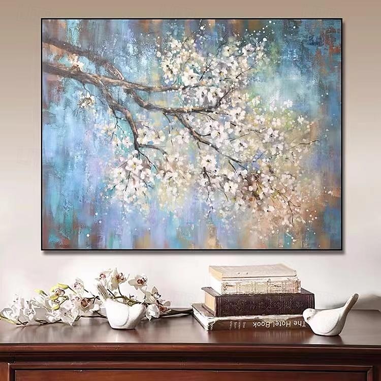 handgemaltes abstraktes Kirschblüten-Ölgemälde auf Leinwand, großes Wandkunstwerk, originale Blütenkunst, weißes Gemälde, Blumengemälde, Wohnzimmerdekoration, gespannte Leinwand, fertig zum Aufhängen 2025 - $154.99 –P7