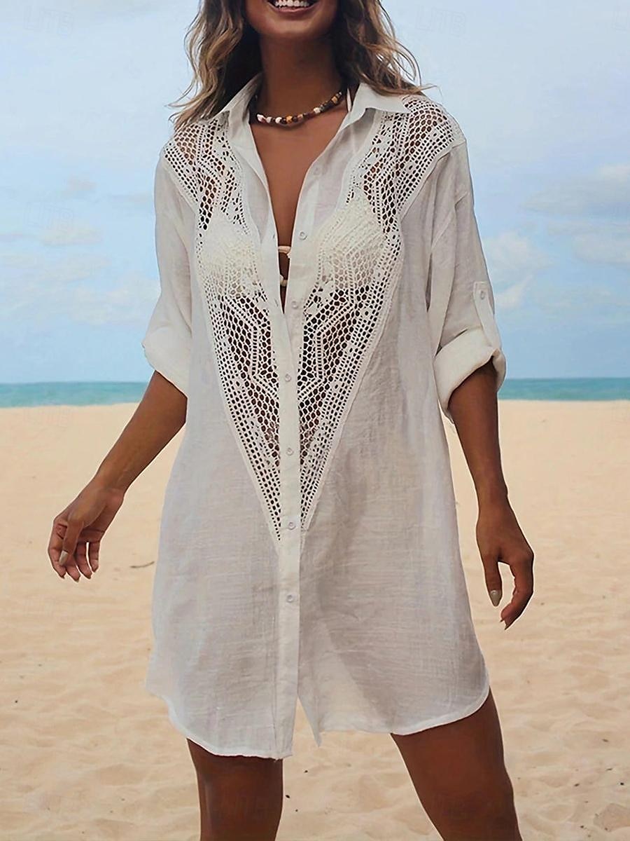 Pentru femei Rochie Mini Rochii inspirate din in Rochie albă Rochii Tip Cămașă Șal Hawaiană Vacanță Concediu Plajă Potrivire Largă Manșon Lung Guler Cămașă Negru Alb Vară 2025 - $32.99 –P1
