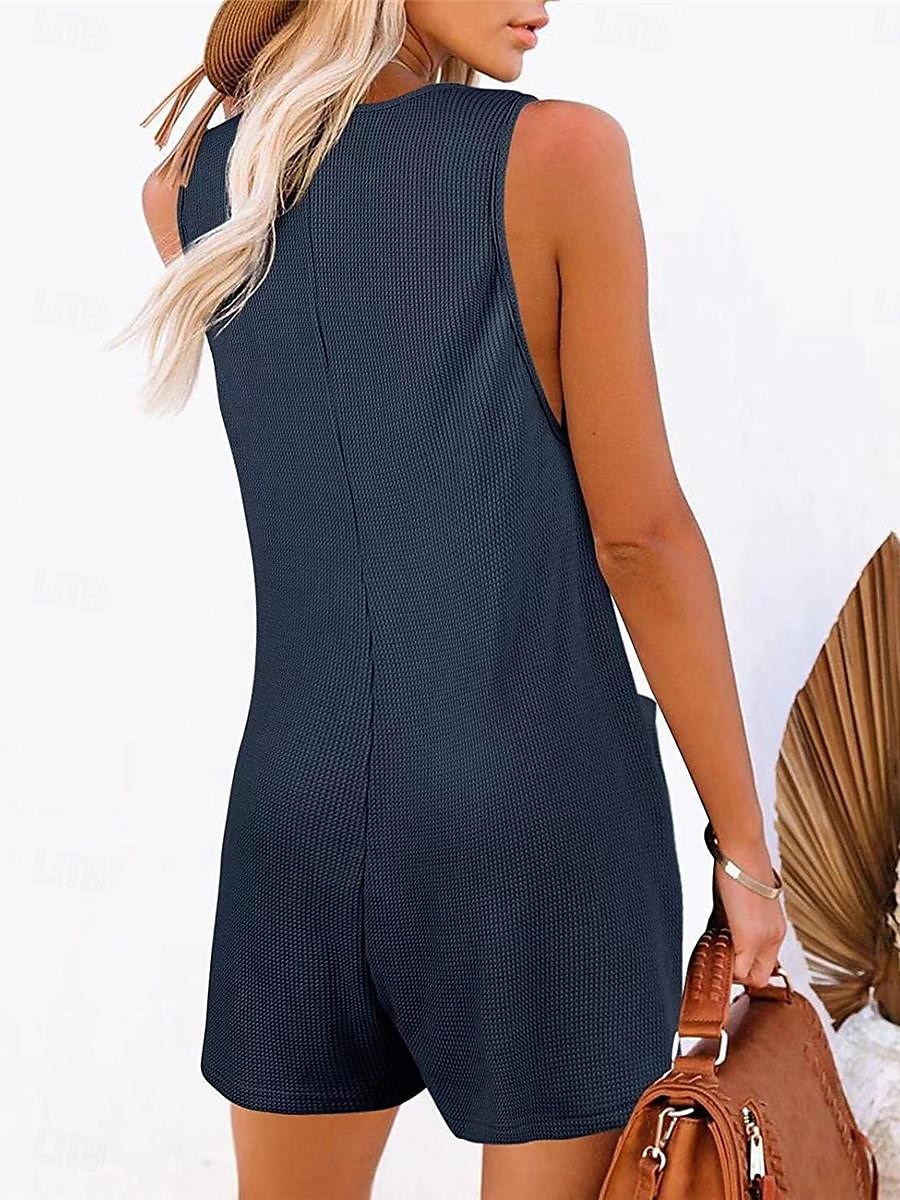 Dam Vanligt Jumpsuits Streetwear Ensfärgat Ärmlös V-hals Knappar Ficka Gata Dagligen Normal Svart Rodnande Rosa Vin Sommar 2025 - $22.99 –P2