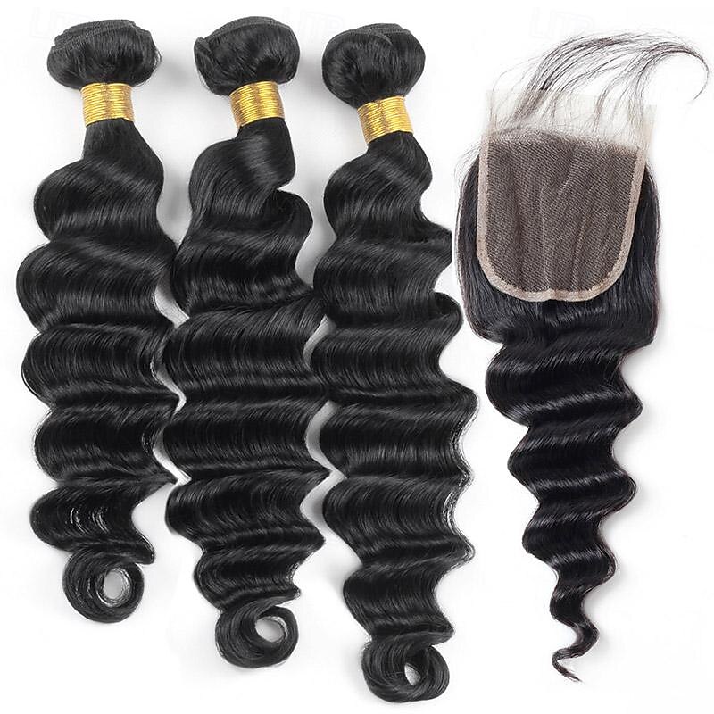 12a capelli umani sciolti fasci profondi con chiusura capelli umani vergini brasiliani 3/4 fasci con pizzo svizzero sciolto profondo nero naturale del 2025 a $217.19 –P4