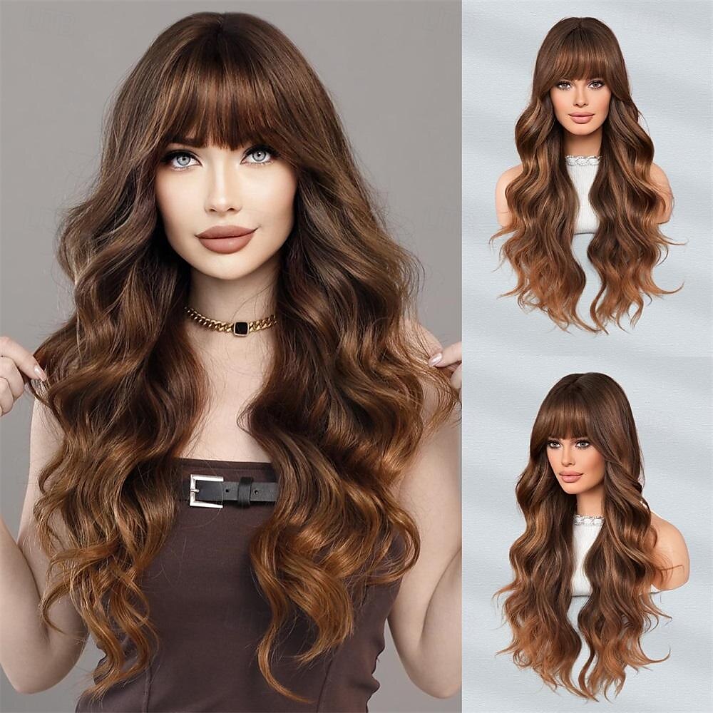 lunghe parrucche ondulate viola con frangia 26 pollici ricci sintetici parrucche ombre resistenti al cuore per le donne cosplay di feste quotidiane usate del 2025 a $21.99 –P12