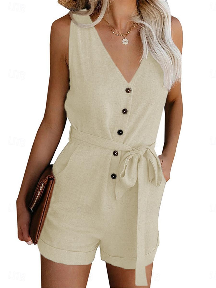 combinaison femme sans manches col en V boutonné devant noué à la taille couleur unie lin style décontracté élégant été printemps tenue une pièce de 2025 ? $22.99 –P4