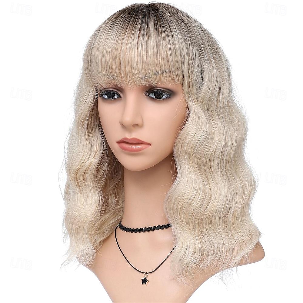 parrucca ondulata grigio argento con frangia per le donne parrucche grigie ombre lunghezza fino alle spalle parrucca riccia bob dall'aspetto naturale bianco argento con radici scure capelli sintetici del 2025 a $21.99 –P7
