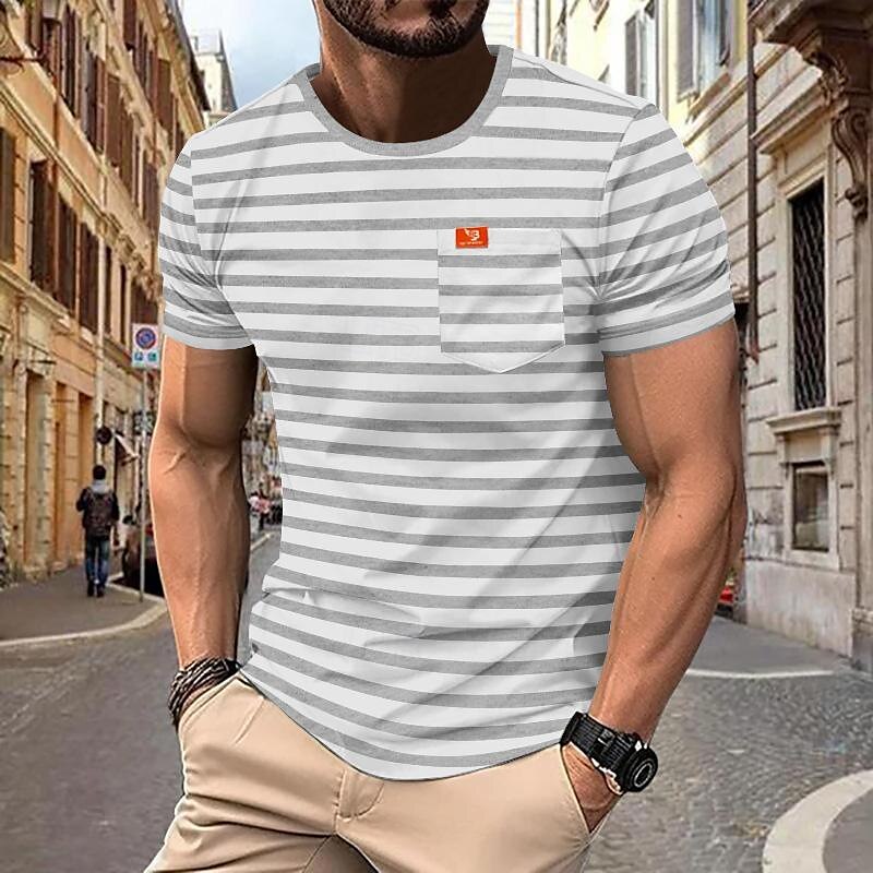 2025年 男性用 Tシャツ 半袖シャツ ティートップ 半袖 クルーネック 春夏 ストライプ ファッション デザイナー ベーシック セクシー バケーション ストリート お出かけ ブラック ルビーレッド ネイビーブルー メンズトップTシャツ  コレクション – $16.99 –P3