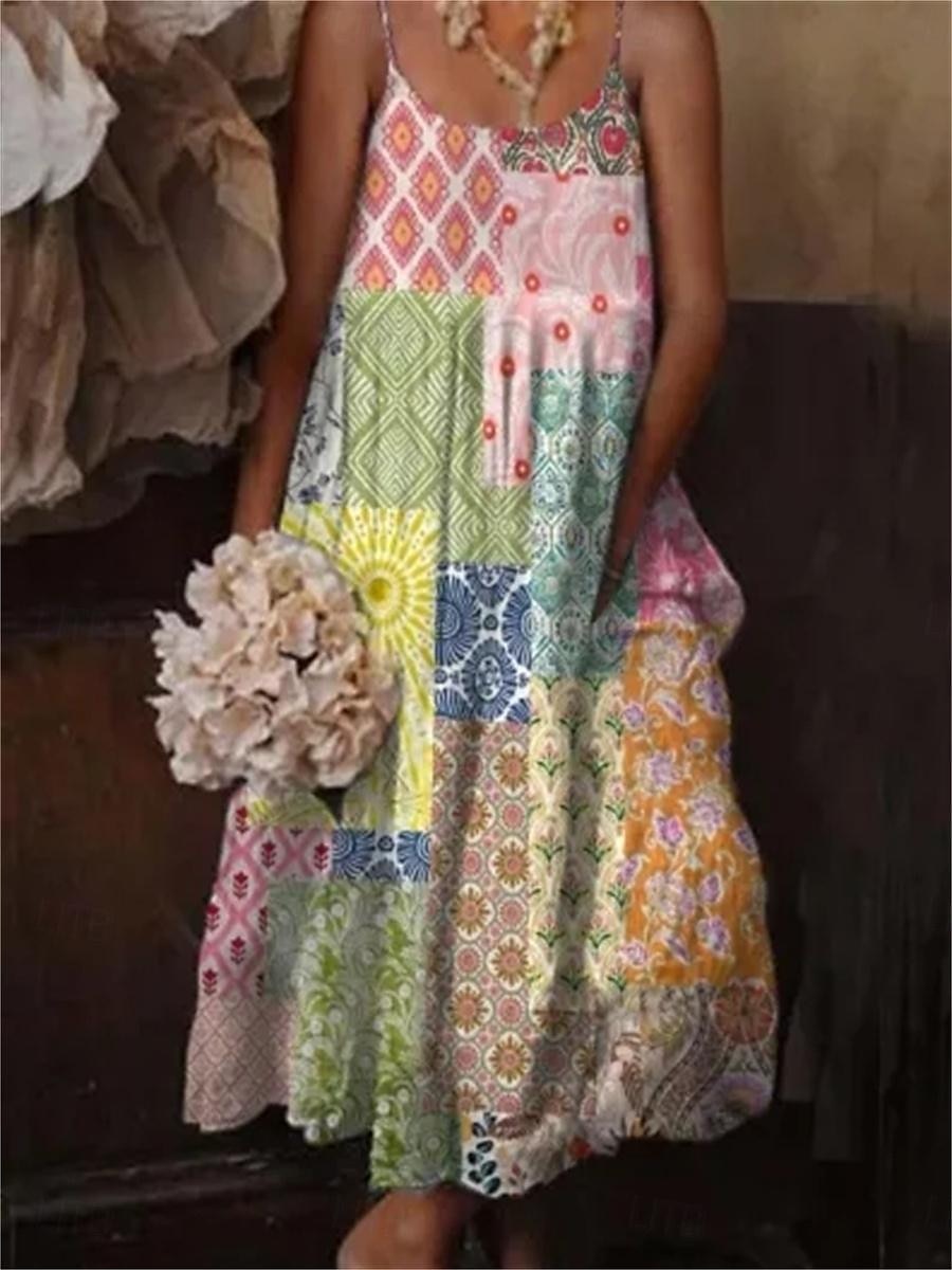kvinnors boho maxi klänning spaghetti rem lapptäcke geometriska blommönster casual strand solklänning flerfärgad fri storlek vår sommar kläder 2025 - $41.99 –P8