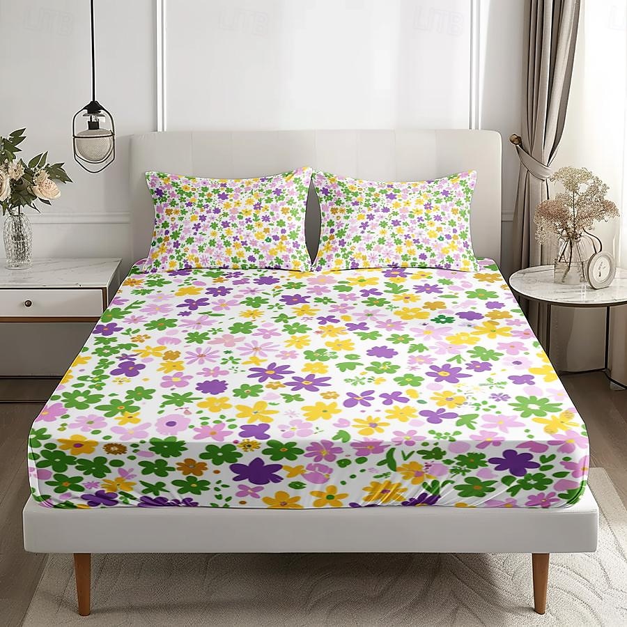 Floral Spring Fitted Sheet Set Ultra Soft Breathable 100% Cotton Silky Bed Sheets Deep Pocket Bedding Sheets 3 Piece Queen King Size 2025 - $42.99 –P6