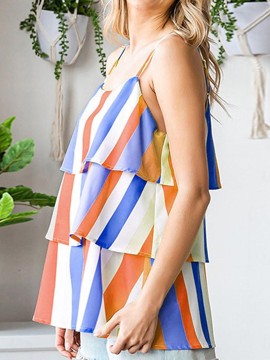 Débardeur Femme à Bretelles Débardeur Mode Streetwear Moderne Rayé Volant Imprimé Superposé Sans Manches Tops Réguliers Col V Décontracté Plage Jaune Violet Fuchsia Orange Vert Été de 2025 ? $18.99 –P11