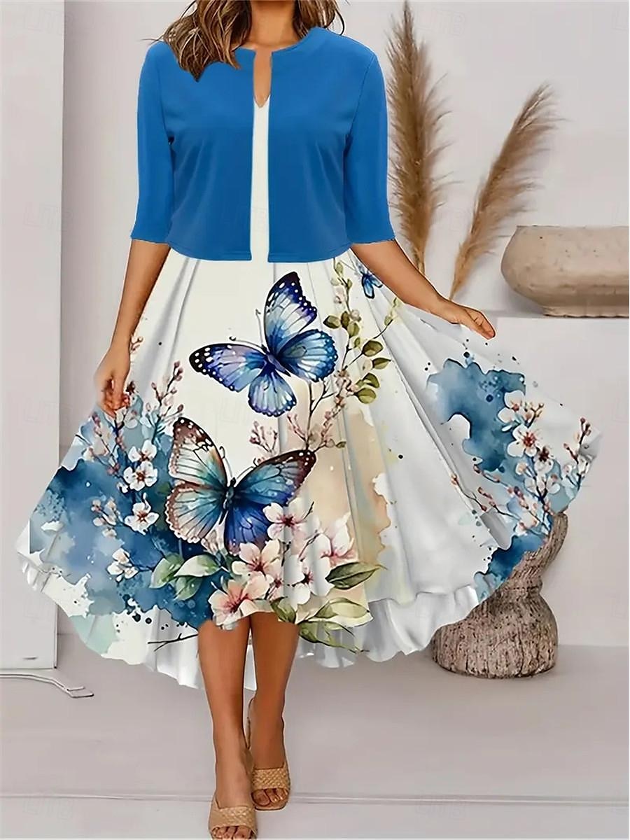 Pentru femei Set de rochii Rochie casual Rochie leagăn Rochie imprimata Modă Modern Floral Imprimeu Rochii Midi Manșon Jumate În V În aer liber Dată Alb Albastru regal Albastru piscină Vară Fit 2025 - $38.99 –P14