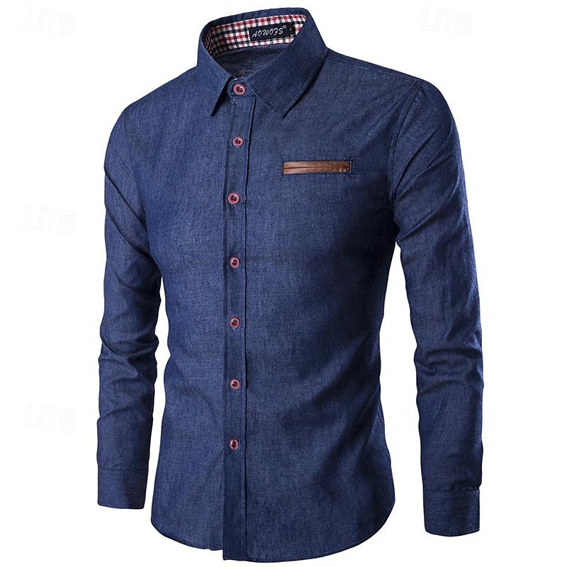 Herren Hemd leinenhemd Hemd aus Baumwollleinen Sommerhemd Strandhemd Knopfhemd Glatt Hawaiianisch Festtage Blau Dunkelblau Langarm Kargen Frühling & Herbst Bekleidung Spleißen 2025 - $19.99 –P1