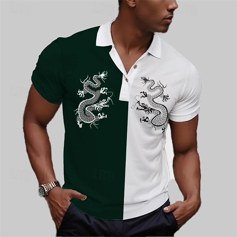 Men's Dragon Polo Shirts Golf Shirt Short Sleeve Polo Shirts Collared Shirts Casual Funny Vacation Wear Party Outfits Buttons 3D Print Summer Black Dark Green 2025 - $22.99 –P3