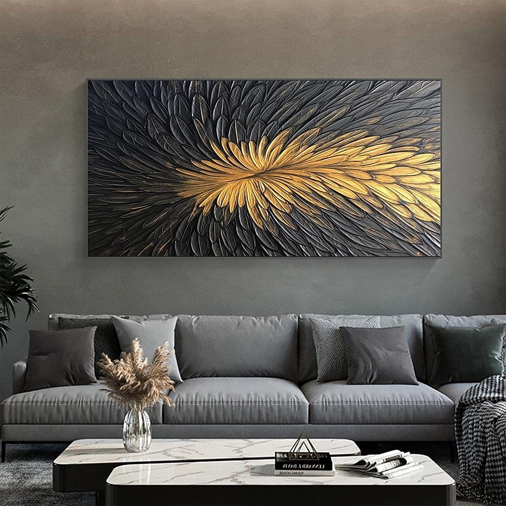 Handgemaltes abstraktes Federölgemälde auf Leinwand, handgemaltes modernes Wandgemälde in Gold und Schwarz für Wohnzimmer, Schlafzimmer, Wanddekoration, individuell strukturiertes Gemälde 2025 - $69.99 –P4