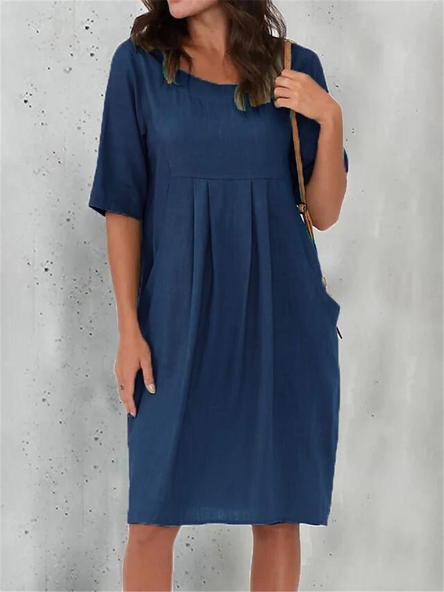 Damen Schwarz Wein Blau Sommer Frühling Minikleid Baumwoll-Leinen-Kleider Freizeitkleid Basic Modern Täglich Wochenende Lässiger Schnitt Einfach Rundhalsausschnitt 2025 - $26.99 –P4