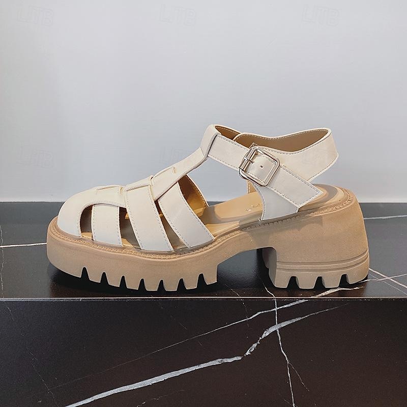 sandali da pescatore bianchi da donna con suola spessa e cinturino con fibbia, scarpe vintage in similpelle chiuse per l'estate, l'uso quotidiano e gli outfit casual del 2025 a $59.99 –P4